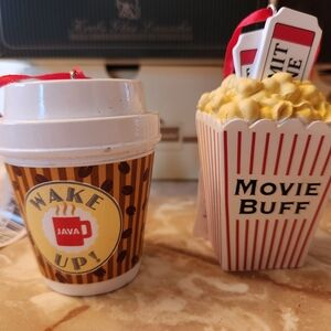 Hallmark Brown Coffee Cup and Red Popcorn Box Ornaments